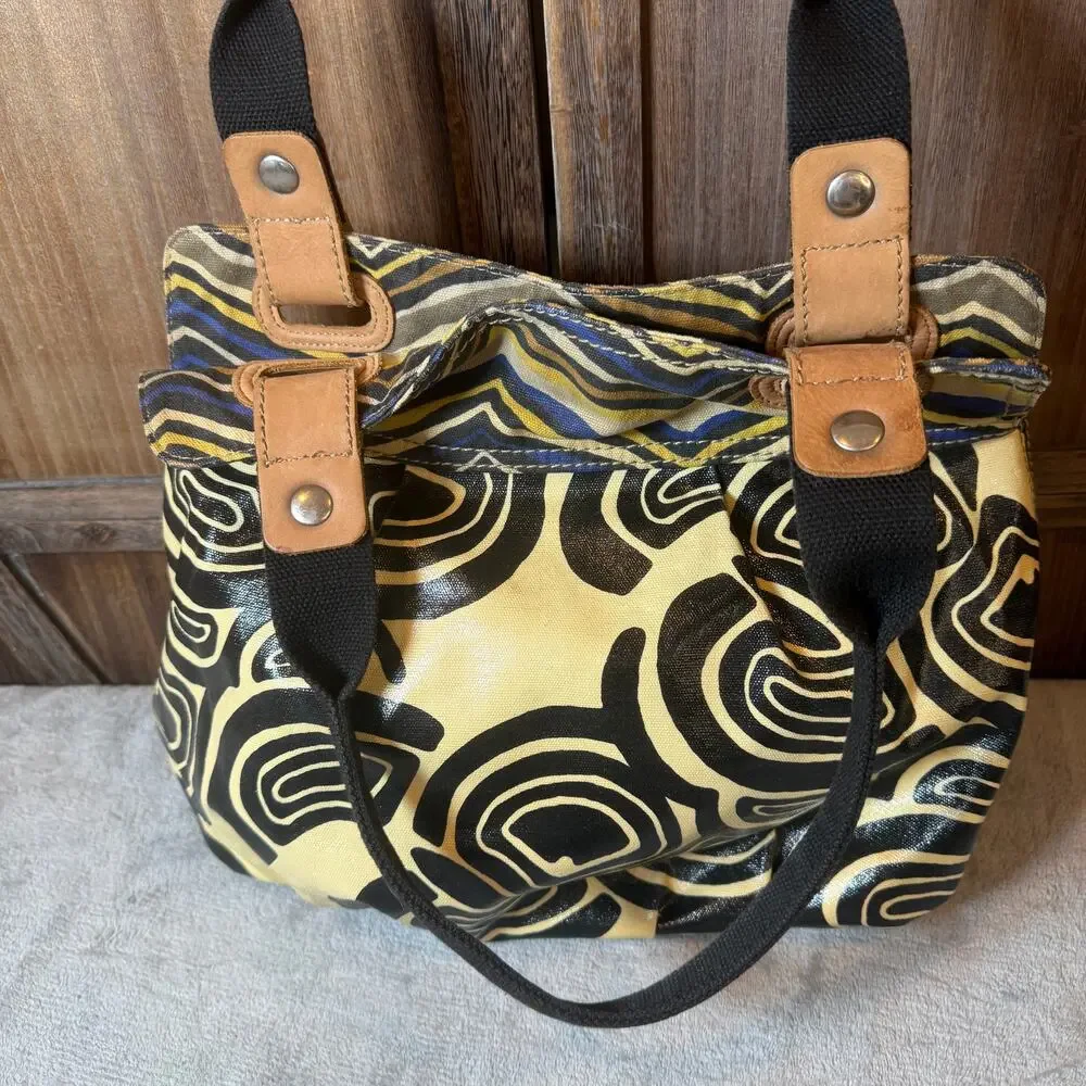 Fossil Abstract Print Canvas Tote Bag Black Cream Blue Yellow Shoulder Purse